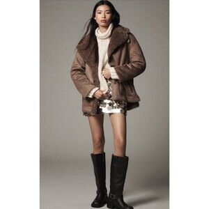 Anthropologie Pilcro Coat Brown Women Reversible Faux Shearling Retro Medium NWT